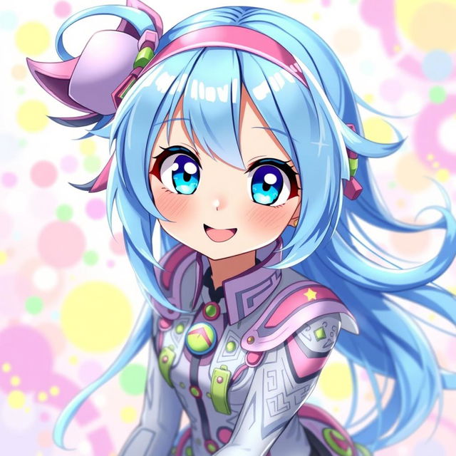 A vibrant digital artwork featuring a blue-haired anime girl with large expressive eyes and a playful smile