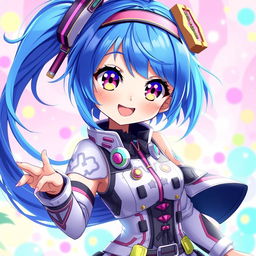 A vibrant digital artwork featuring a blue-haired anime girl with large expressive eyes and a playful smile