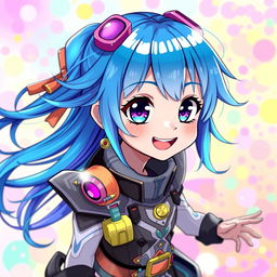 A vibrant digital artwork featuring a blue-haired anime girl with large expressive eyes and a playful smile