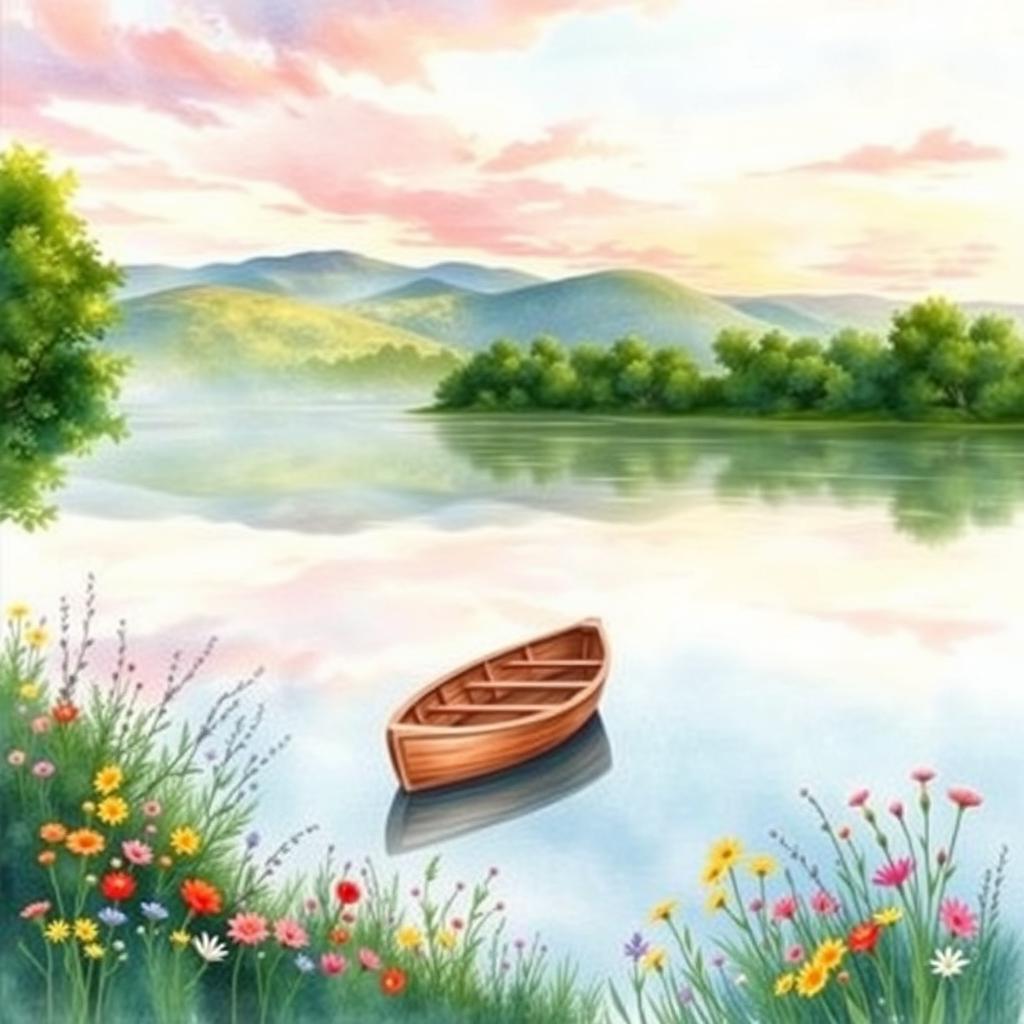 A beautiful and serene watercolor painting of a tranquil lakeside scene for a book cover