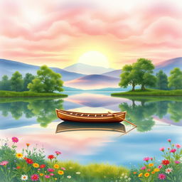A beautiful and serene watercolor painting of a tranquil lakeside scene for a book cover