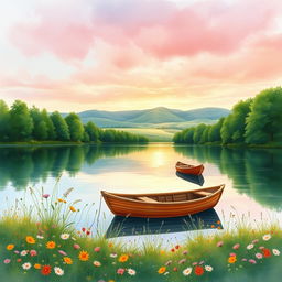 A beautiful and serene watercolor painting of a tranquil lakeside scene for a book cover