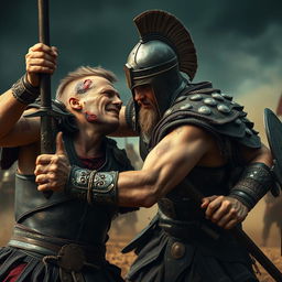 Two ancient warriors engaged in a fierce battle, one warrior deeply wounded with visible severe injuries, teetering on the brink of death