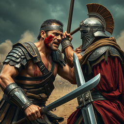Two ancient warriors engaged in a fierce battle, one warrior deeply wounded with visible severe injuries, teetering on the brink of death