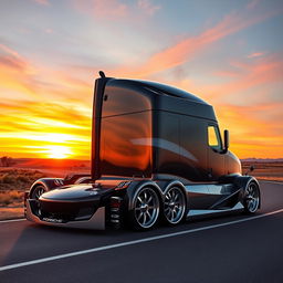 An eye-catching custom cutting-edge semi-truck adorned with sleek Porsche rims and wheels, blending high-performance aesthetics with heavy-duty functionality