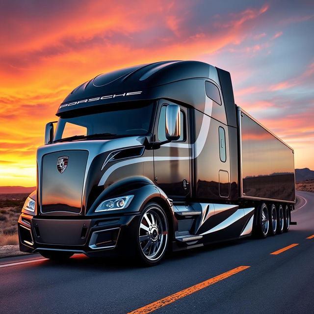 An eye-catching custom cutting-edge semi-truck adorned with sleek Porsche rims and wheels, blending high-performance aesthetics with heavy-duty functionality