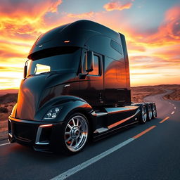 An eye-catching custom cutting-edge semi-truck adorned with sleek Porsche rims and wheels, blending high-performance aesthetics with heavy-duty functionality