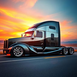 An eye-catching custom cutting-edge semi-truck adorned with sleek Porsche rims and wheels, blending high-performance aesthetics with heavy-duty functionality