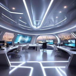 A futuristic TV anchor's office, drawing design elements from the architecture shown in the provided link.