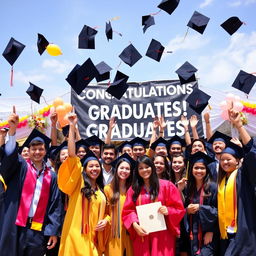 A joyous graduation scene featuring a diverse group of graduates celebrating in a sunny outdoor setting