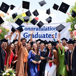 A joyous graduation scene featuring a diverse group of graduates celebrating in a sunny outdoor setting