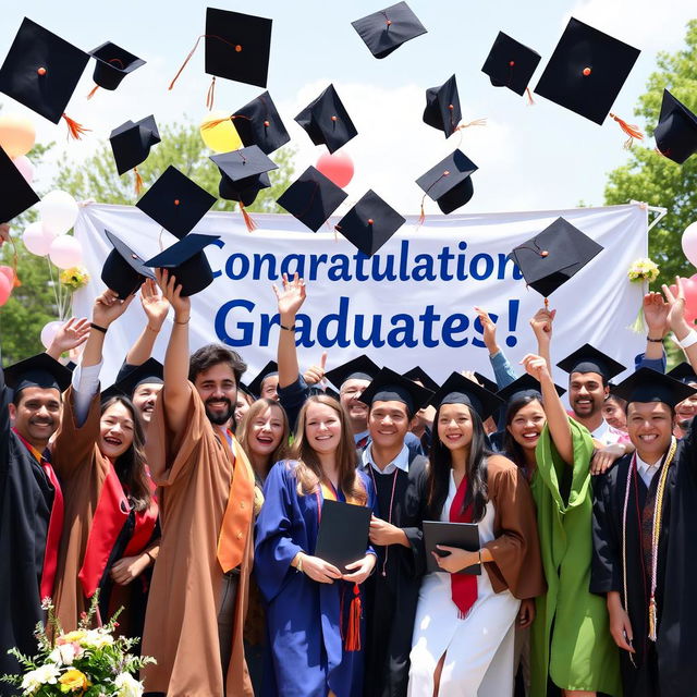 A joyous graduation scene featuring a diverse group of graduates celebrating in a sunny outdoor setting