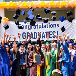 A joyous graduation scene featuring a diverse group of graduates celebrating in a sunny outdoor setting