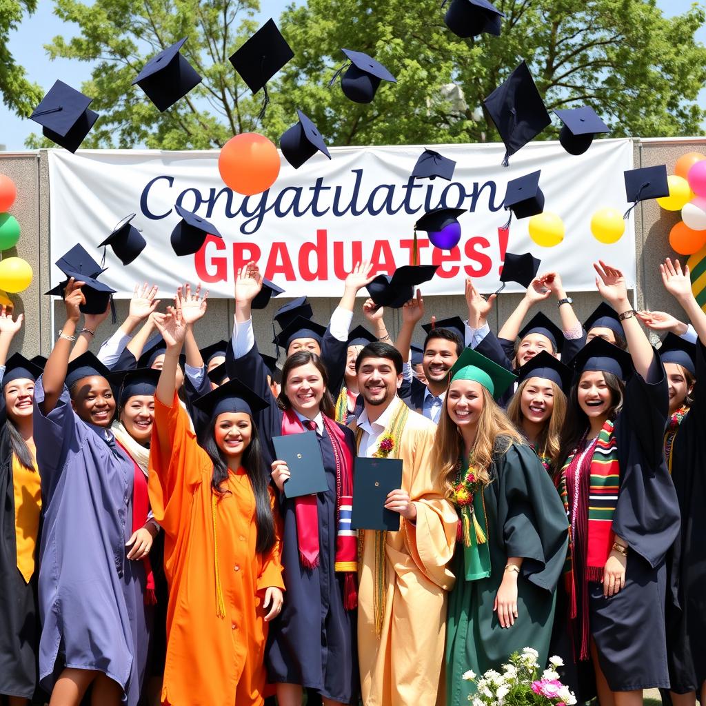 A joyous graduation scene featuring a diverse group of graduates celebrating in a sunny outdoor setting