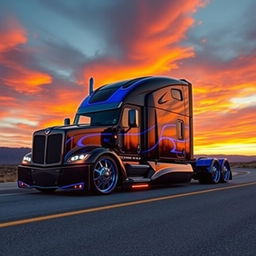 A bold and modern custom cutting-edge semi-truck outfitted with striking Camaro rims and wheels, featuring a sleek design with aggressive lines and a glossy finish in vibrant colors such as electric blue and black