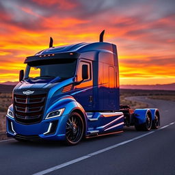 A bold and modern custom cutting-edge semi-truck outfitted with striking Camaro rims and wheels, featuring a sleek design with aggressive lines and a glossy finish in vibrant colors such as electric blue and black