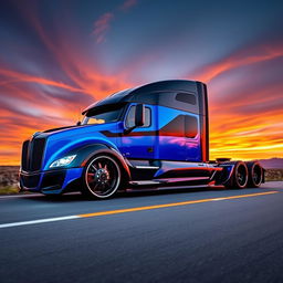A bold and modern custom cutting-edge semi-truck outfitted with striking Camaro rims and wheels, featuring a sleek design with aggressive lines and a glossy finish in vibrant colors such as electric blue and black