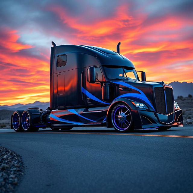 A bold and modern custom cutting-edge semi-truck outfitted with striking Camaro rims and wheels, featuring a sleek design with aggressive lines and a glossy finish in vibrant colors such as electric blue and black