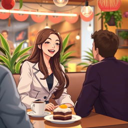 A young woman dressed in a stylish, modern outfit, sitting at a cozy café with a warm and inviting atmosphere