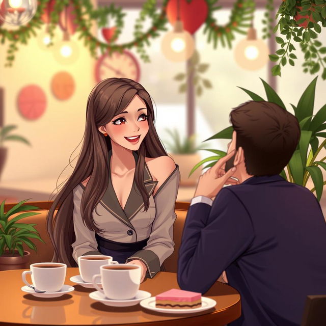 A young woman dressed in a stylish, modern outfit, sitting at a cozy café with a warm and inviting atmosphere