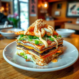 A beautifully arranged plate of layered Okonomiyaki, showcasing different colorful ingredients such as cabbage, green onions, and seafood, topped with a drizzle of mayonnaise and a sprinkle of bonito flakes