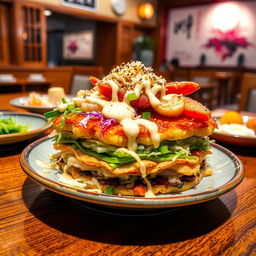 A beautifully arranged plate of layered Okonomiyaki, showcasing different colorful ingredients such as cabbage, green onions, and seafood, topped with a drizzle of mayonnaise and a sprinkle of bonito flakes