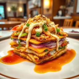 A beautifully arranged plate of layered Okonomiyaki, showcasing different colorful ingredients such as cabbage, green onions, and seafood, topped with a drizzle of mayonnaise and a sprinkle of bonito flakes