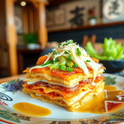 A beautifully arranged plate of layered Okonomiyaki, showcasing different colorful ingredients such as cabbage, green onions, and seafood, topped with a drizzle of mayonnaise and a sprinkle of bonito flakes
