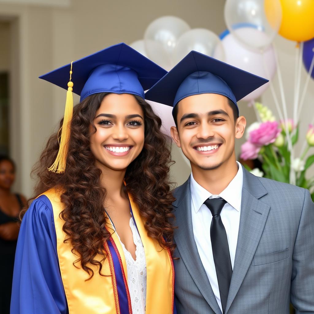 A beautiful young woman with curly hair wearing a graduation cap and gown, showcasing her bright smile