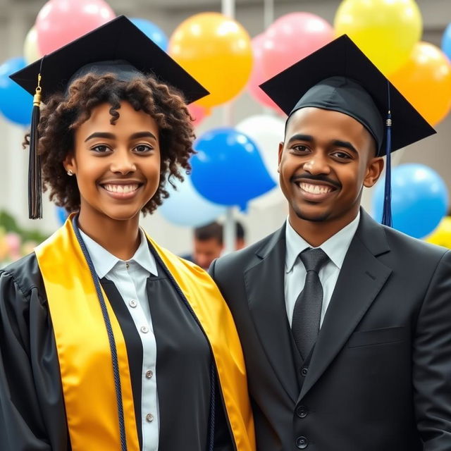 A beautiful young woman with curly hair wearing a graduation cap and gown, showcasing her bright smile