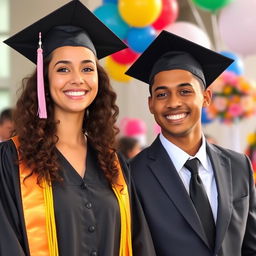 A beautiful young woman with curly hair wearing a graduation cap and gown, showcasing her bright smile