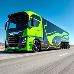An impressive custom cutting-edge semi-truck equipped with striking Nissan rims and wheels, showcasing a bold and modern design