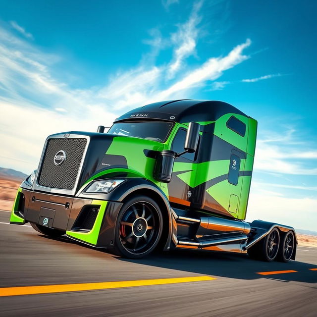 An impressive custom cutting-edge semi-truck equipped with striking Nissan rims and wheels, showcasing a bold and modern design