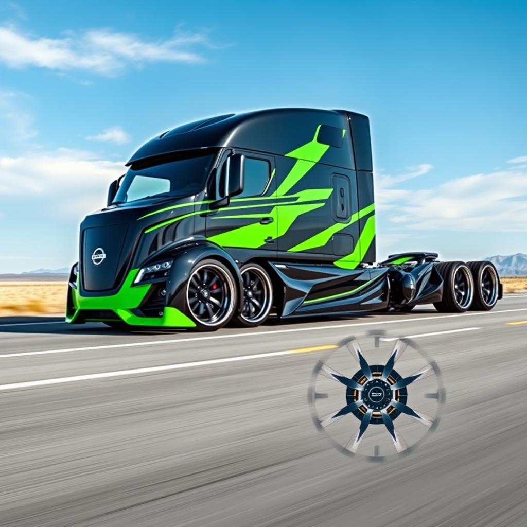 An impressive custom cutting-edge semi-truck equipped with striking Nissan rims and wheels, showcasing a bold and modern design