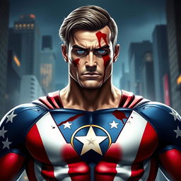 A powerful superhero with a strikingly confident expression, his face smeared with fresh blood, showcasing a menacing yet charismatic aura