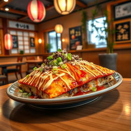A beautifully arranged plate of okonomiyaki pancakes, showcasing their vibrant colors and rich textures