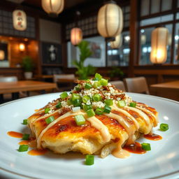 A beautifully arranged plate of okonomiyaki pancakes, showcasing their vibrant colors and rich textures