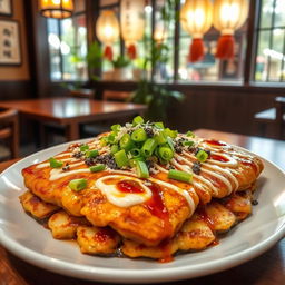 A beautifully arranged plate of okonomiyaki pancakes, showcasing their vibrant colors and rich textures