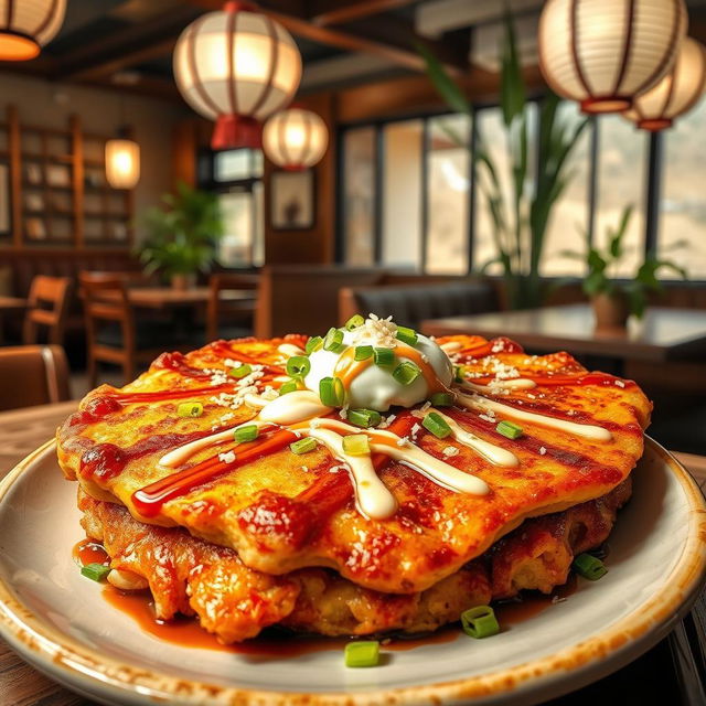 A beautifully arranged plate of okonomiyaki pancakes, showcasing their vibrant colors and rich textures