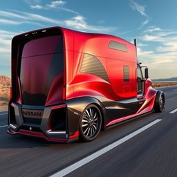 A striking custom cutting-edge semi-truck featuring impressive Nissan rims and wheels, designed with a sleek and modern exterior in eye-catching metallic red and black colors