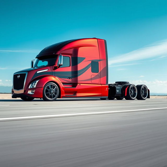 A striking custom cutting-edge semi-truck featuring impressive Nissan rims and wheels, designed with a sleek and modern exterior in eye-catching metallic red and black colors