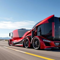 A striking custom cutting-edge semi-truck featuring impressive Nissan rims and wheels, designed with a sleek and modern exterior in eye-catching metallic red and black colors