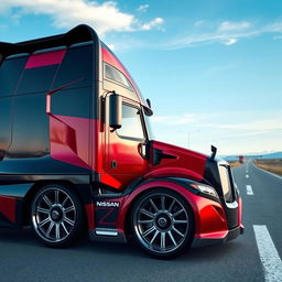 A striking custom cutting-edge semi-truck featuring impressive Nissan rims and wheels, designed with a sleek and modern exterior in eye-catching metallic red and black colors