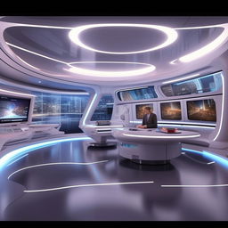 A futuristic TV anchor's office, drawing design elements from the architecture shown in the provided link.