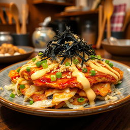 A realistic close-up of a plate filled with delicious okonomiyaki pancakes, showcasing the vibrant colors and textures of the ingredients such as cabbage, green onions, and bonito flakes