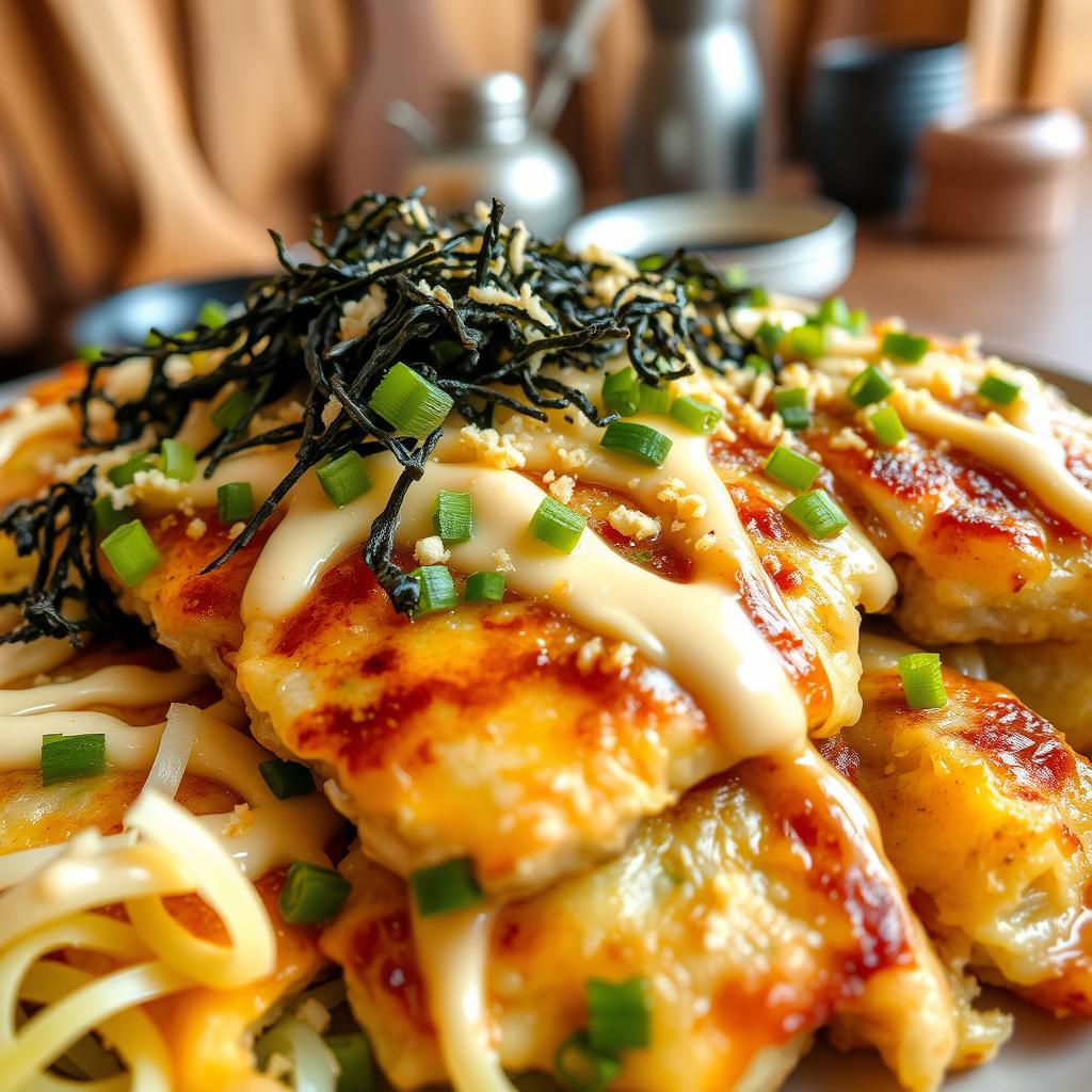 A realistic close-up of a plate filled with delicious okonomiyaki pancakes, showcasing the vibrant colors and textures of the ingredients such as cabbage, green onions, and bonito flakes