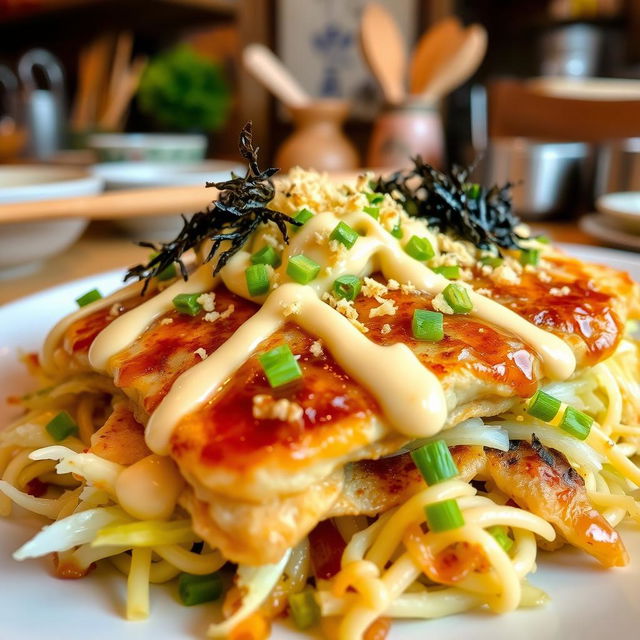 A realistic close-up of a plate filled with delicious okonomiyaki pancakes, showcasing the vibrant colors and textures of the ingredients such as cabbage, green onions, and bonito flakes