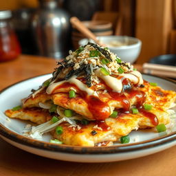 A realistic close-up of a plate filled with delicious okonomiyaki pancakes, showcasing the vibrant colors and textures of the ingredients such as cabbage, green onions, and bonito flakes