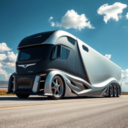 A futuristic custom cutting-edge semi-truck featuring eye-catching Nissan rims and wheels
