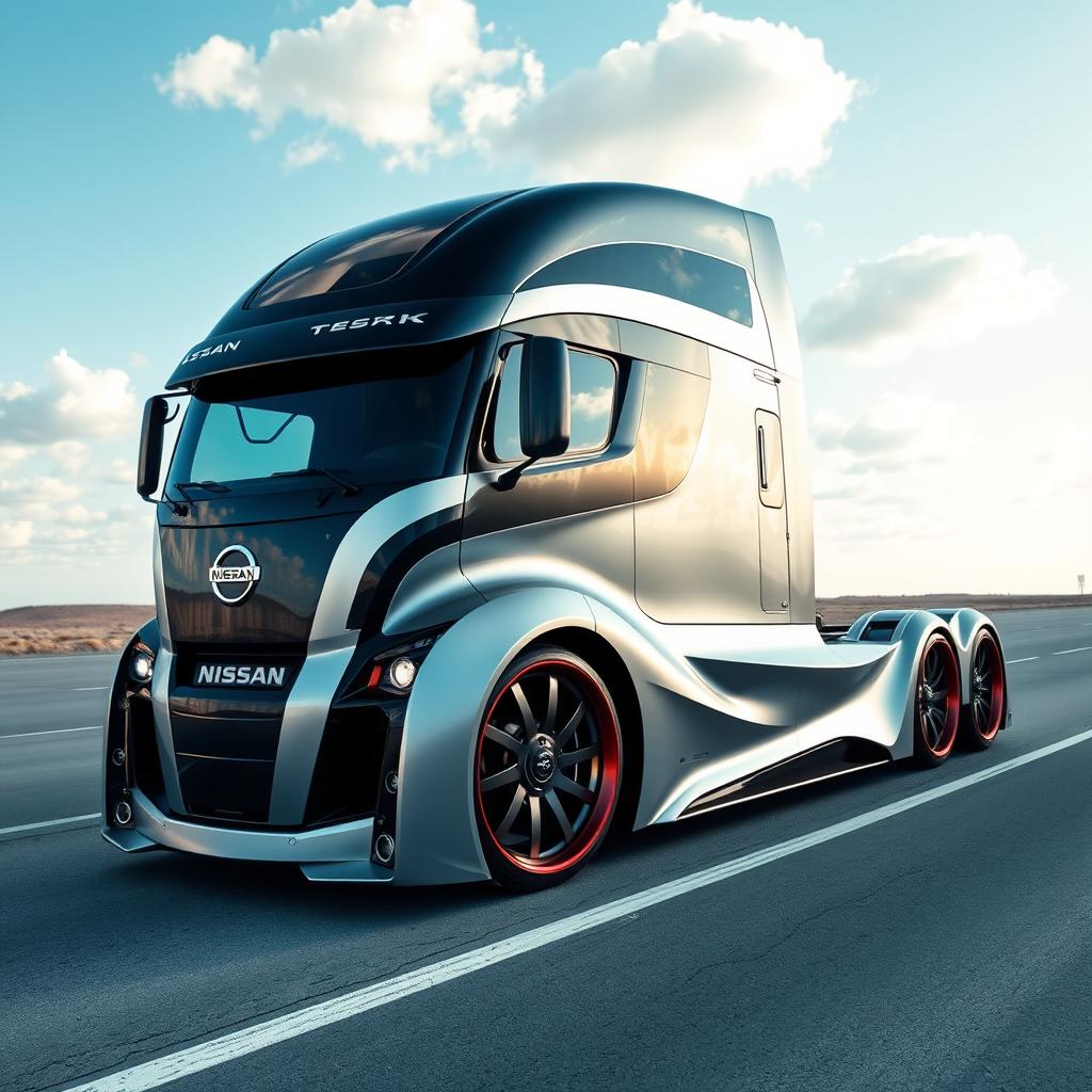 A futuristic custom cutting-edge semi-truck featuring eye-catching Nissan rims and wheels